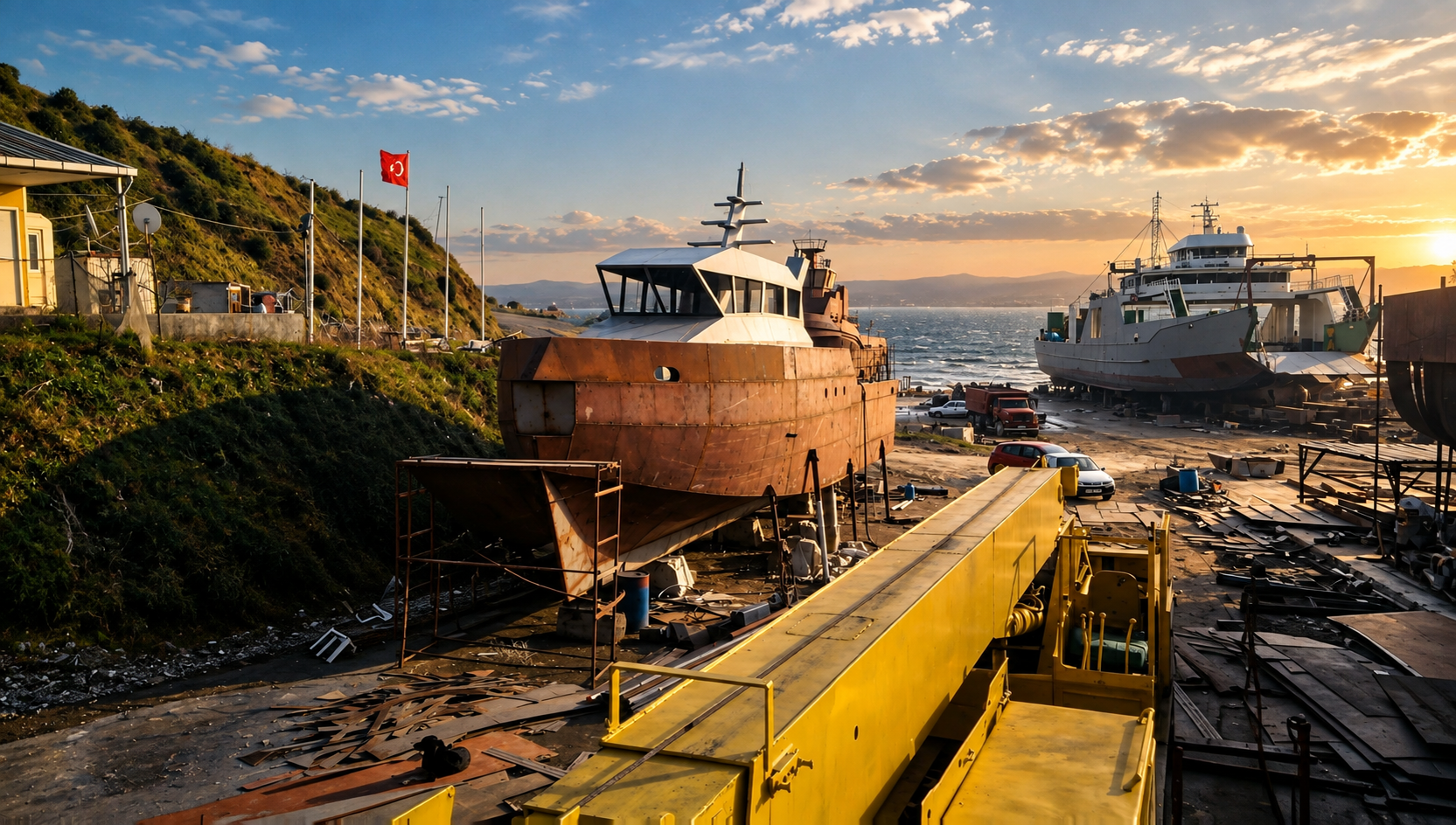 Vessels under construction and maintenance at a shipyard at sunset