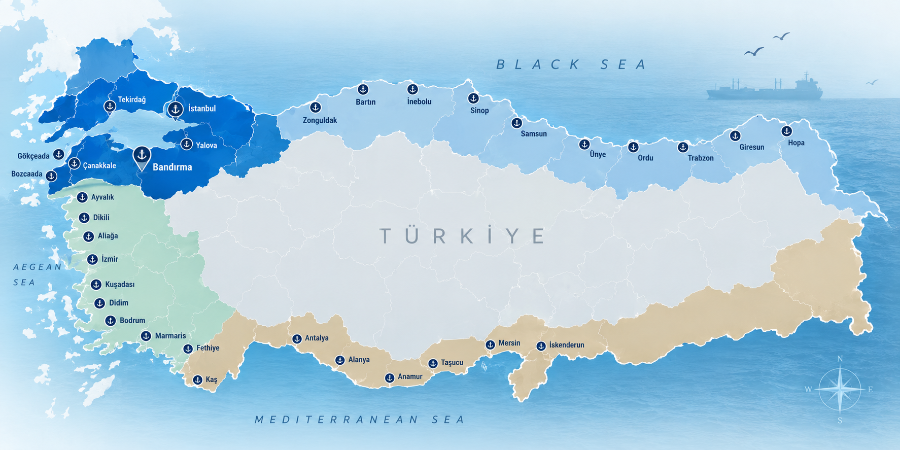 Map showing TONYA's direct agency region in Marmara and ports connected through its nationwide local agency network