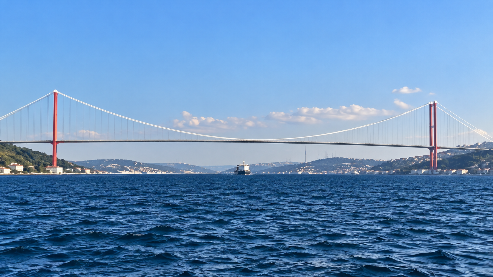 Vessel transiting beneath a bridge in the Bosphorus