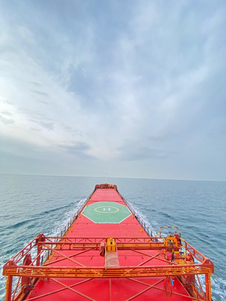 Sea view from the deck of a cargo vessel underway